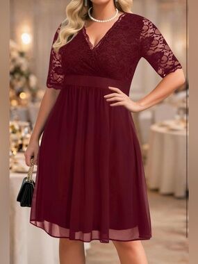 Pinup Fashion Lace Chiffon Wrap V Neck Cocktail Wedding Guest Midi Dress